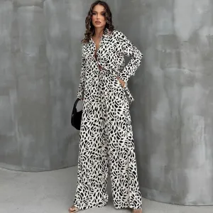 Leopard Print Loose Ice Silk Long Sleeve Pajamas Two Piece Set