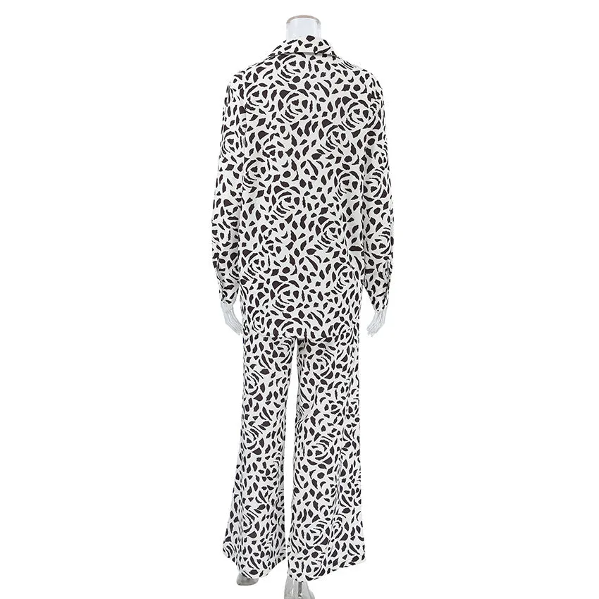 Leopard Print Loose Ice Silk Long Sleeve Pajamas Two Piece Set