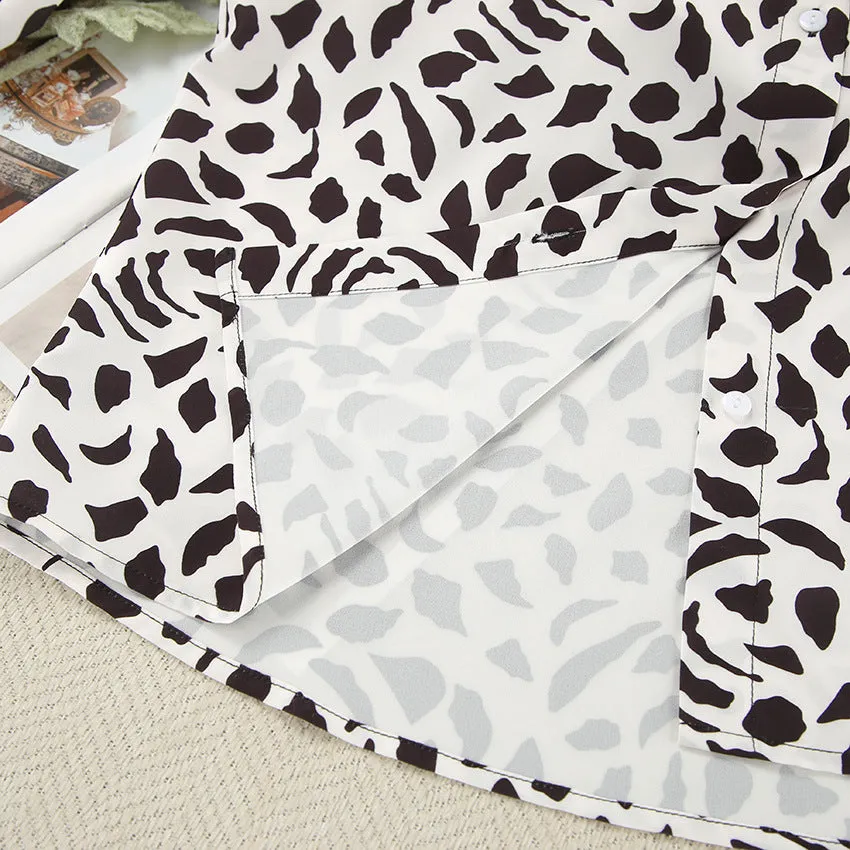 Leopard Print Loose Ice Silk Long Sleeve Pajamas Two Piece Set