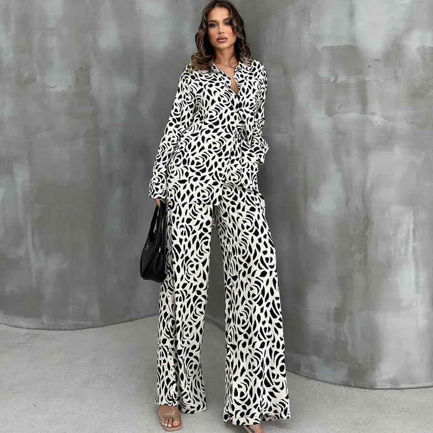 Leopard Print Loose Ice Silk Long Sleeve Pajamas Two Piece Set