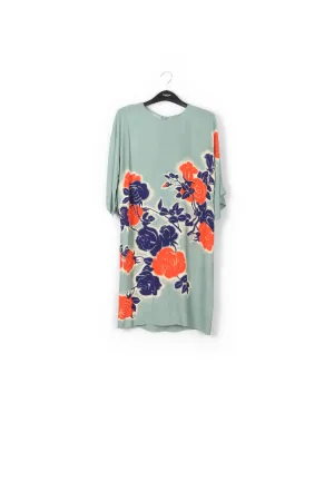 Light blue, orange and blue floral print knee-length dress