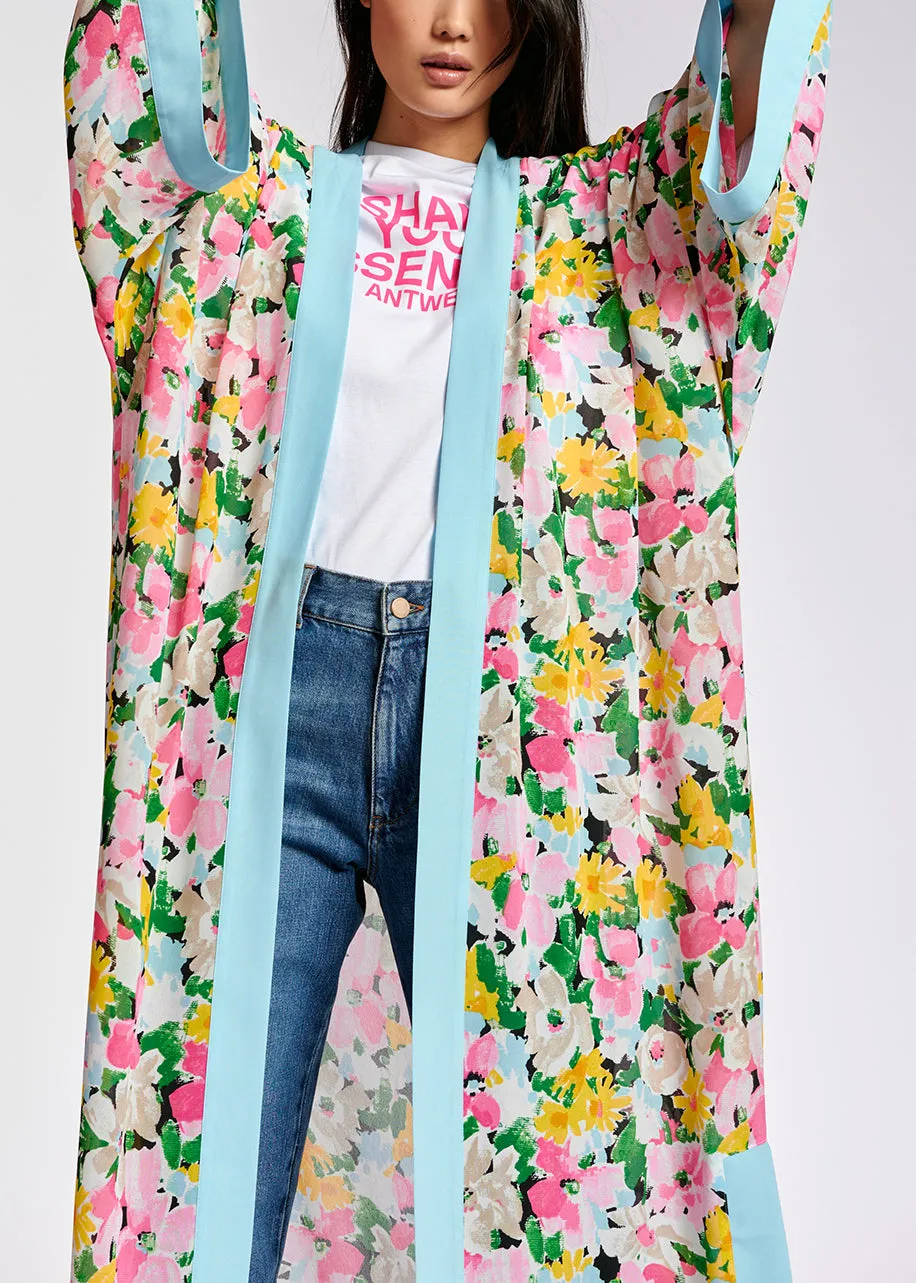 Light blue, pink and green floral kimono