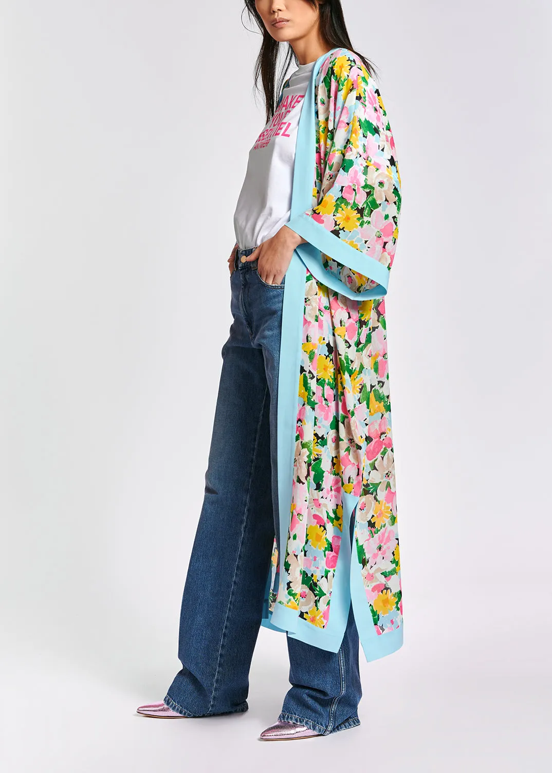 Light blue, pink and green floral kimono