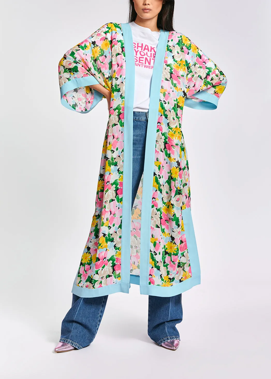 Light blue, pink and green floral kimono