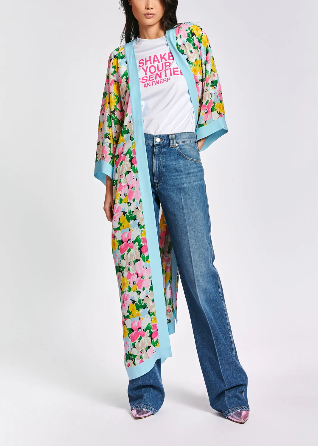 Light blue, pink and green floral kimono