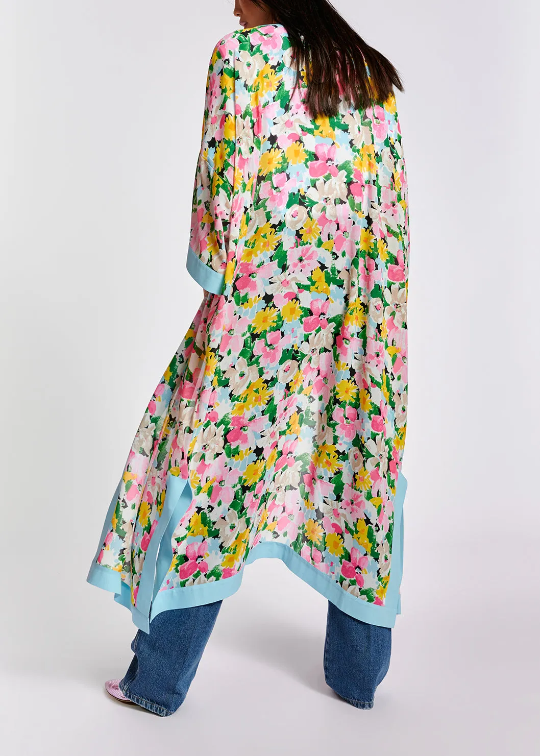 Light blue, pink and green floral kimono