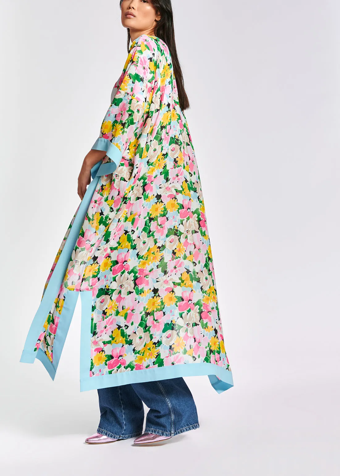 Light blue, pink and green floral kimono