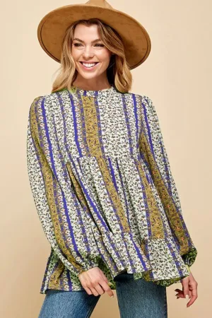 Lime 'N' Chili Multi-Color Bohemian Print Mock Neck Babydoll Top