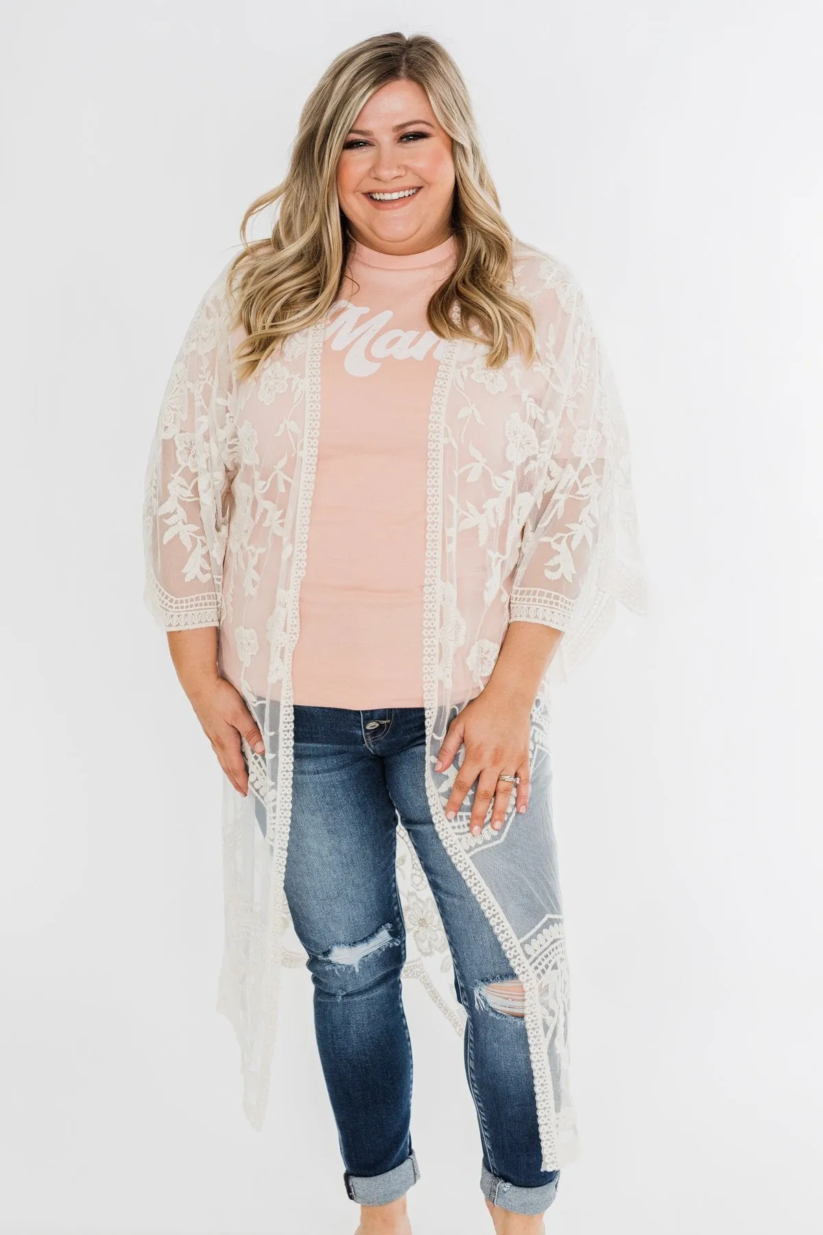 Long Sheer Floral Lace Kimono- Cream