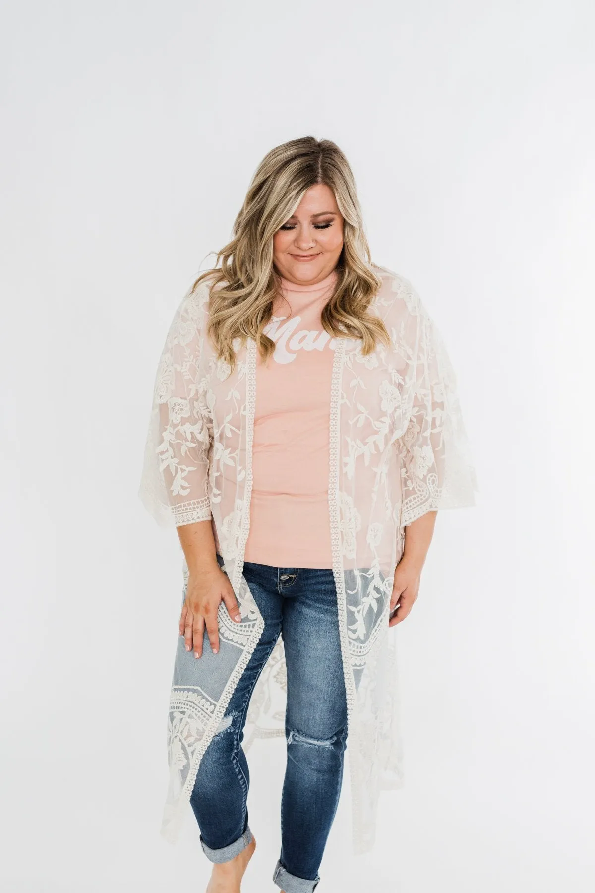 Long Sheer Floral Lace Kimono- Cream
