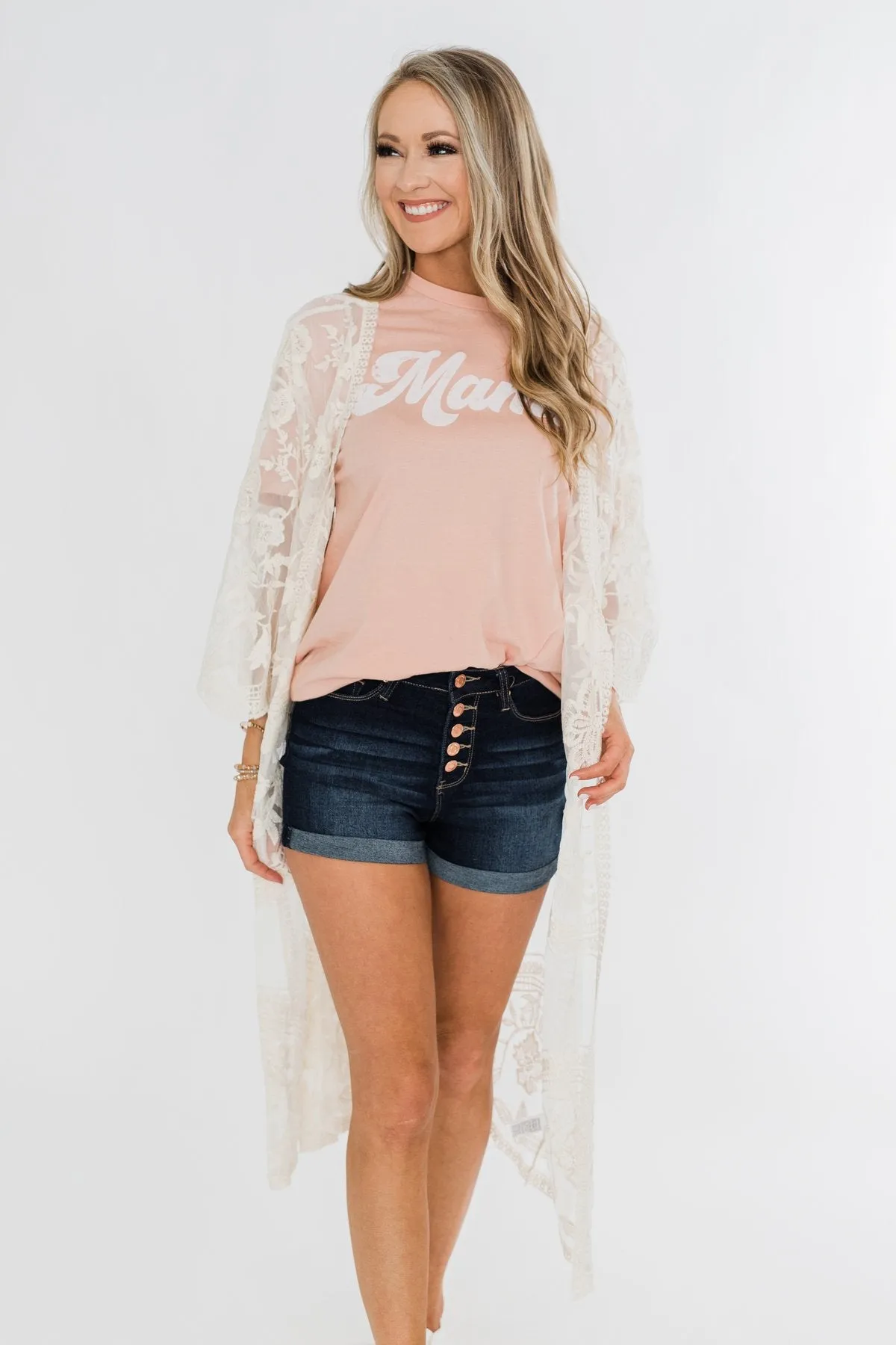 Long Sheer Floral Lace Kimono- Cream