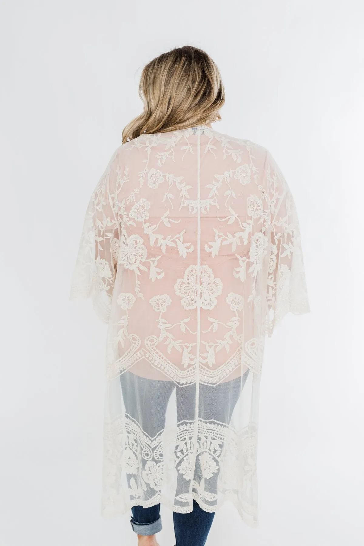 Long Sheer Floral Lace Kimono- Cream