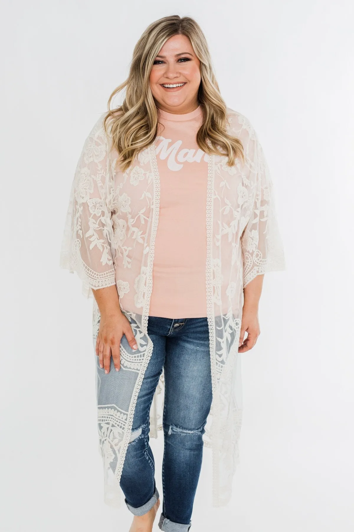 Long Sheer Floral Lace Kimono- Cream