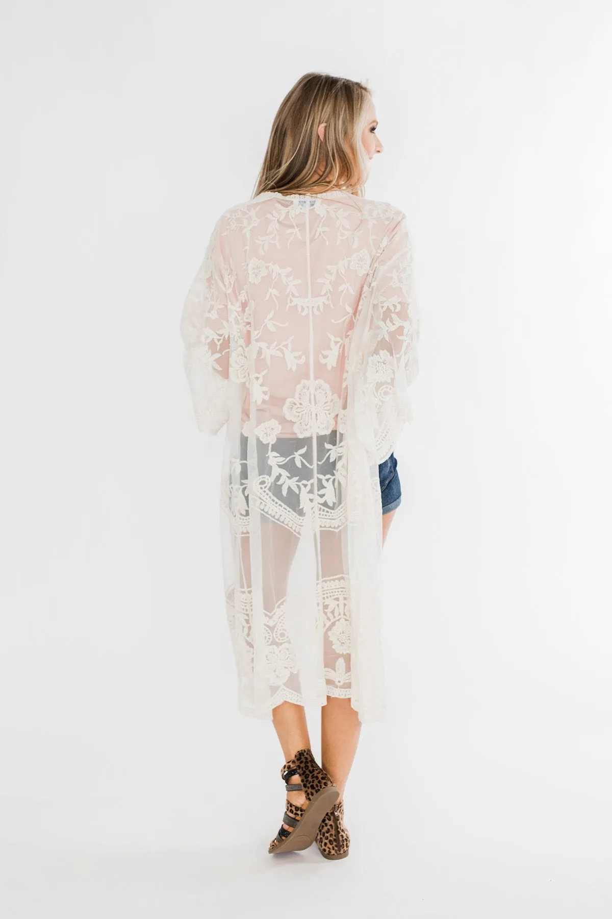 Long Sheer Floral Lace Kimono- Cream