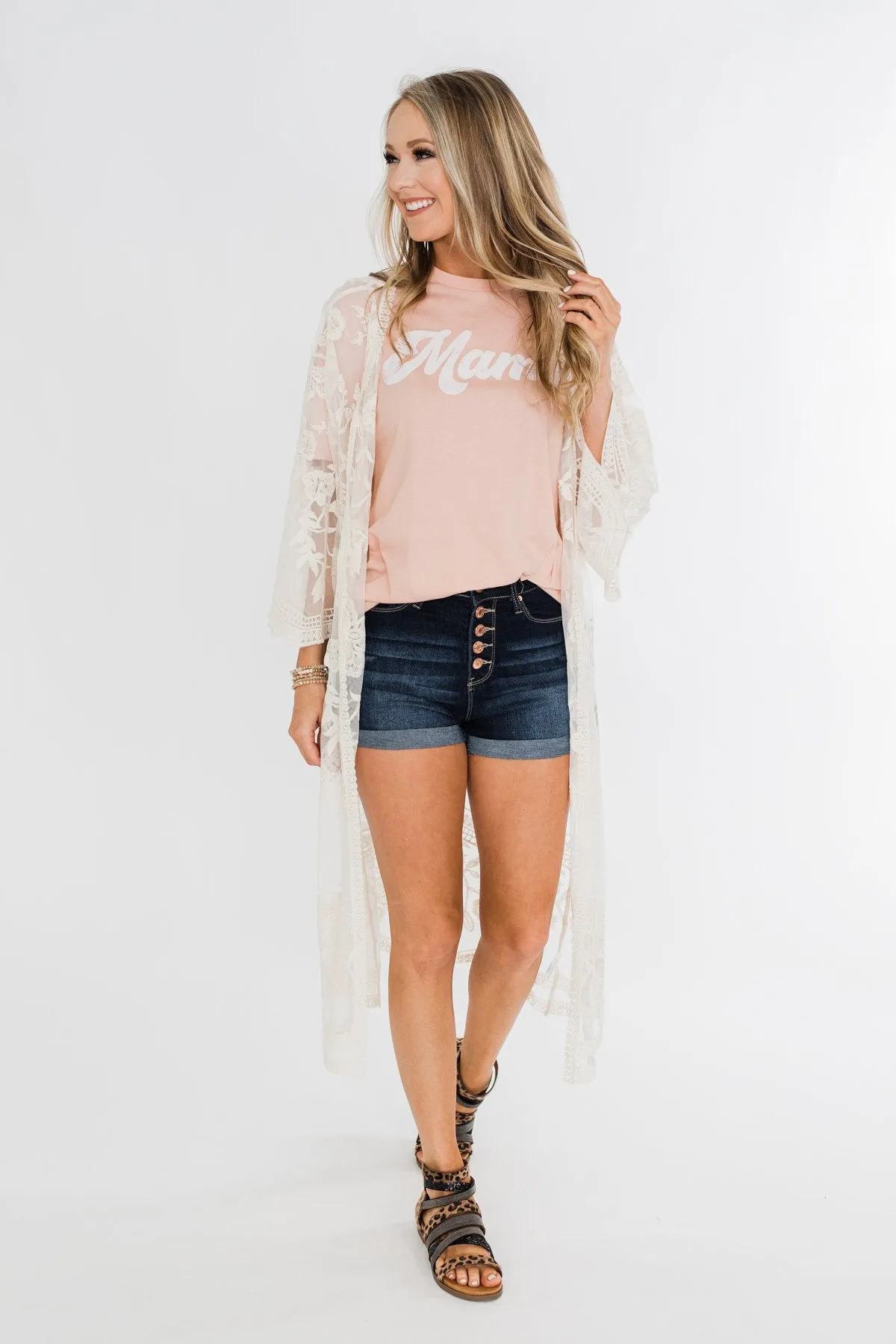 Long Sheer Floral Lace Kimono- Cream