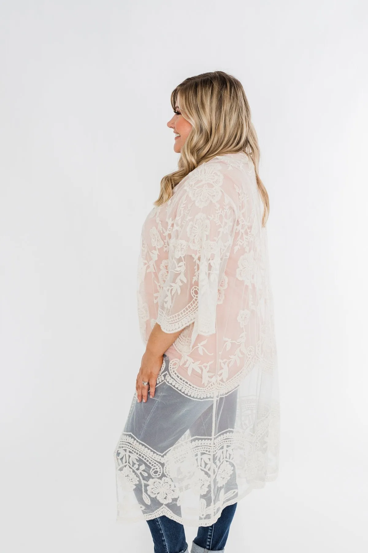 Long Sheer Floral Lace Kimono- Cream