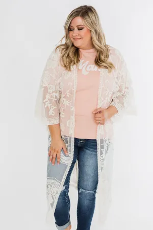 Long Sheer Floral Lace Kimono- Cream