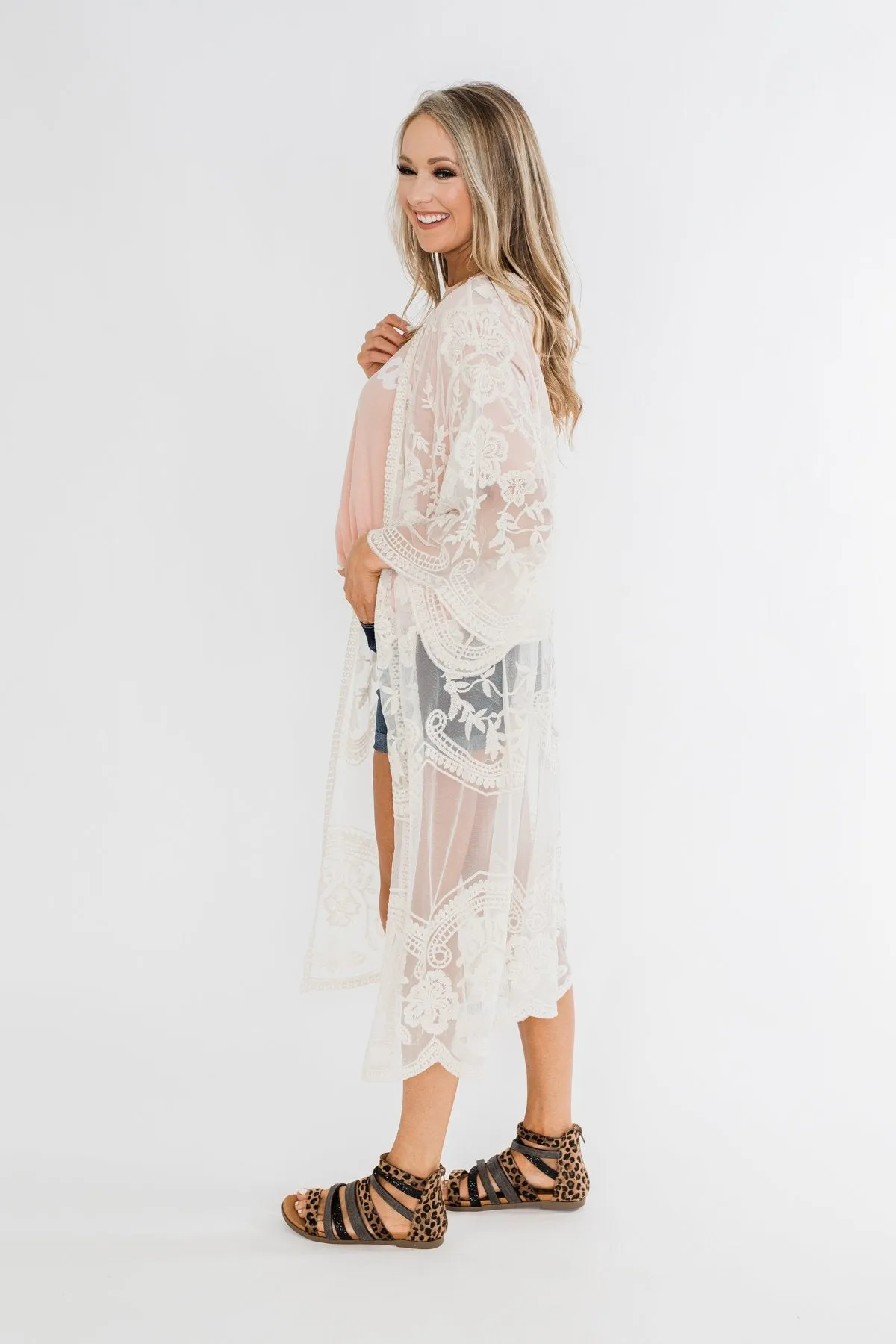 Long Sheer Floral Lace Kimono- Cream