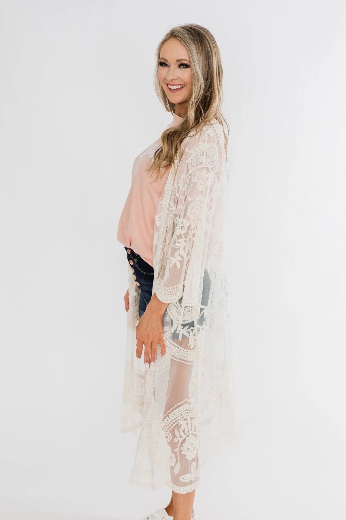 Long Sheer Floral Lace Kimono- Cream