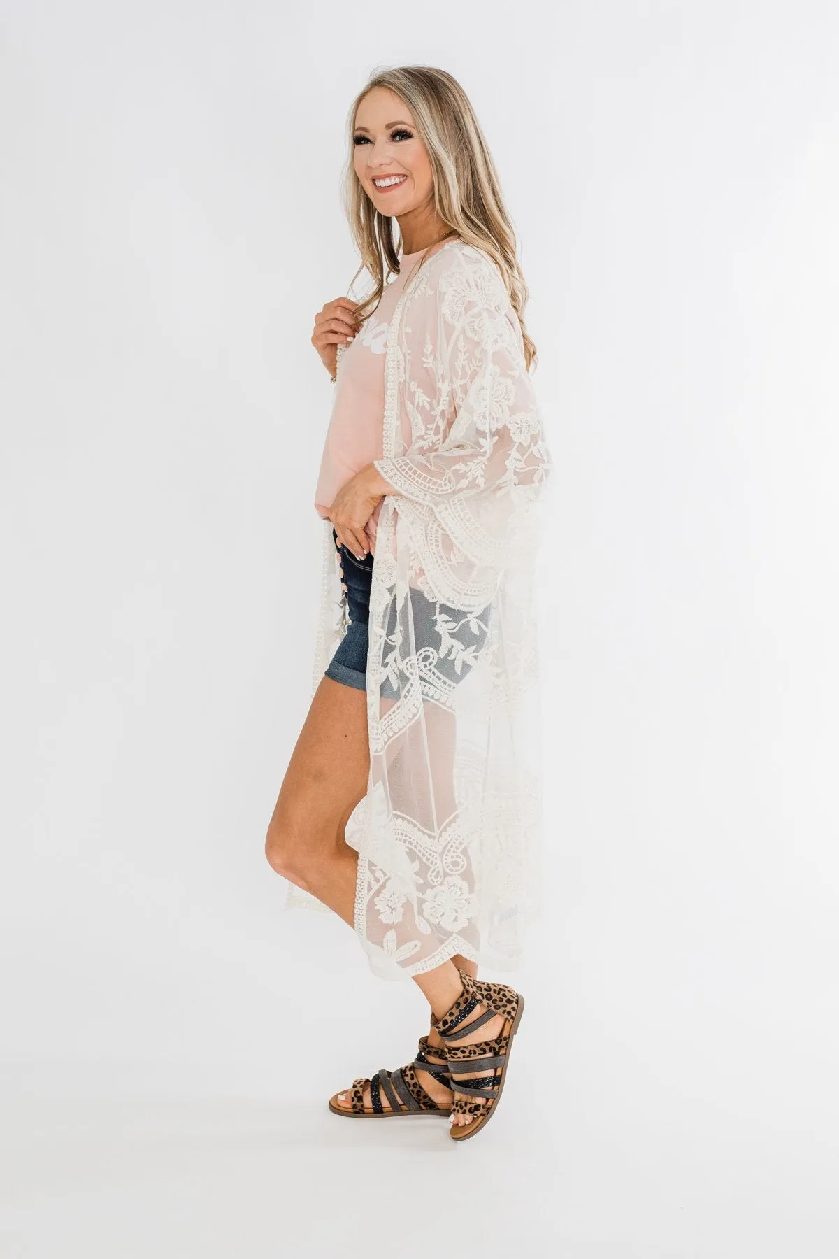 Long Sheer Floral Lace Kimono- Cream