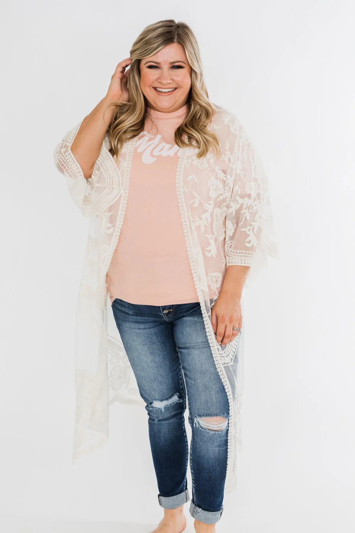 Long Sheer Floral Lace Kimono- Cream