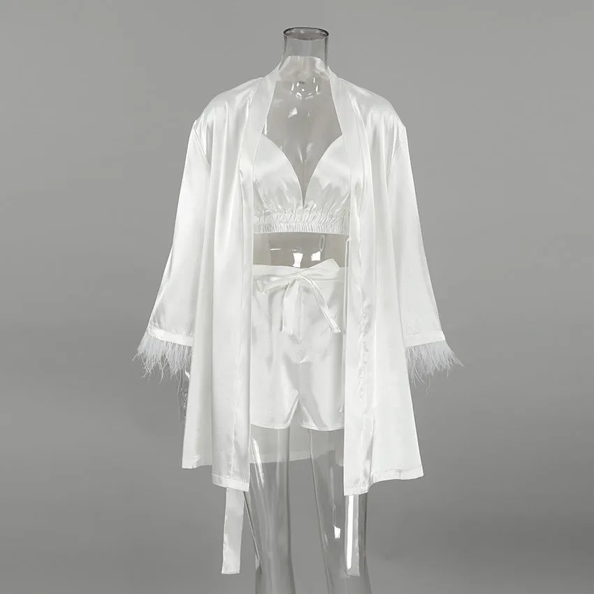 Long Sleeve Feather Shorts Pajamas Three Piece Set