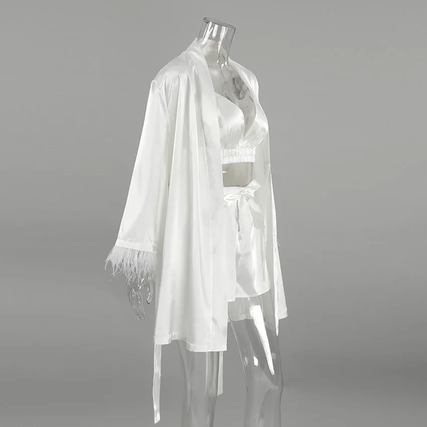 Long Sleeve Feather Shorts Pajamas Three Piece Set
