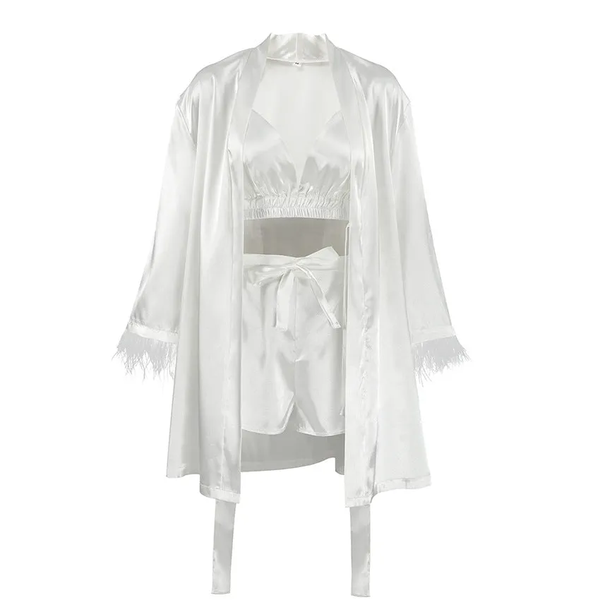 Long Sleeve Feather Shorts Pajamas Three Piece Set