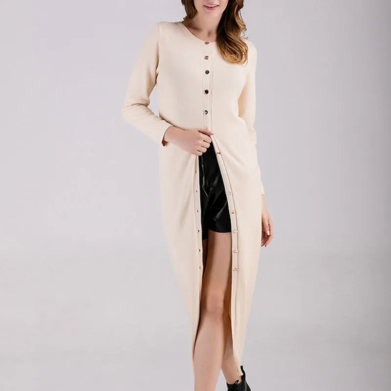 Long Sleeve Single-Breasted Long Knit Cardigan Solid Color Knit Jacket