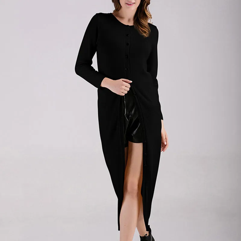 Long Sleeve Single-Breasted Long Knit Cardigan Solid Color Knit Jacket