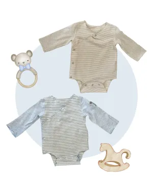 Long Sleeve Snap-on Kimono Bodysuits Bundle (Pack of 2, Blue Stripe & Light Grey Stripe)