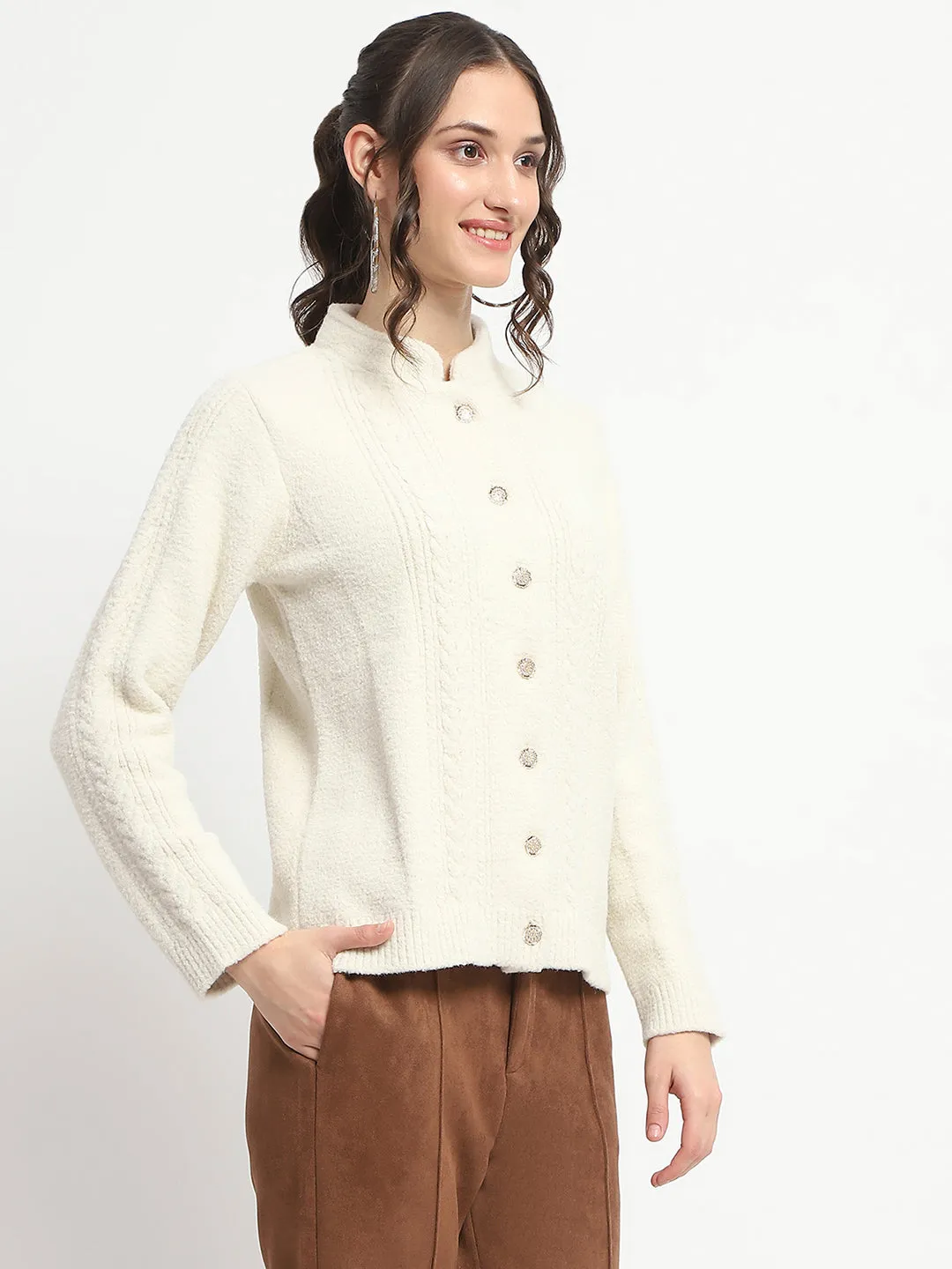 Madame Button Down Cable Knit Solid Beige Cardigan