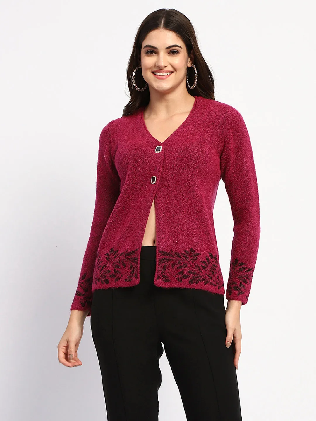Madame Cable Knit Botanical Print Buttoned Fuschia Cardigan