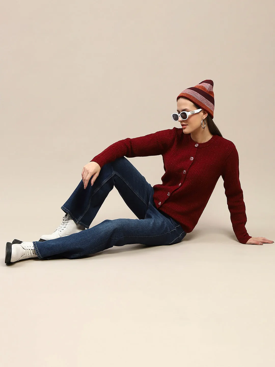 Madame Cable Knit Buttoned Red Cardigan