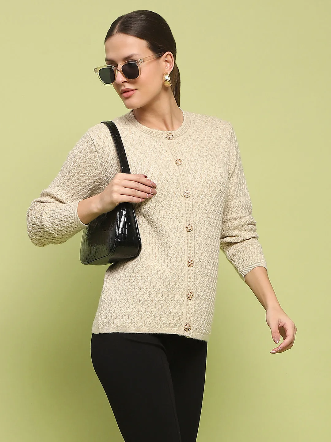 Madame Glossy Buttoned Cable Knit Beige Cardigan