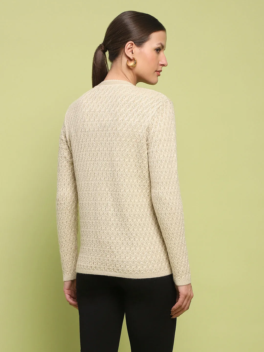 Madame Glossy Buttoned Cable Knit Beige Cardigan