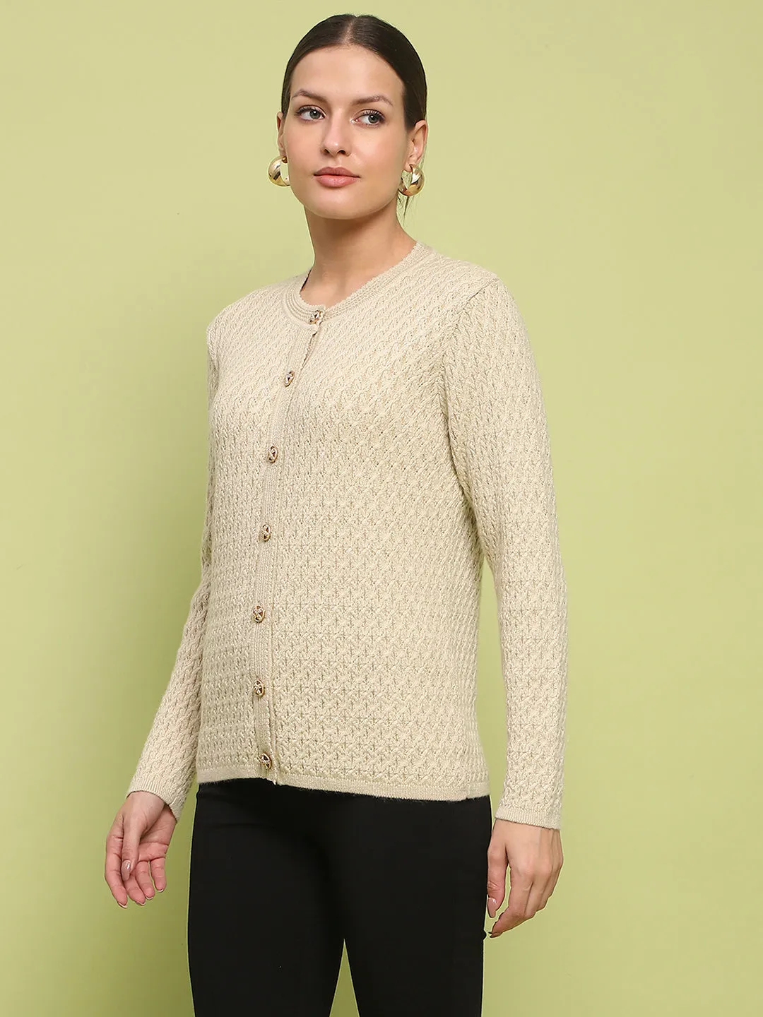 Madame Glossy Buttoned Cable Knit Beige Cardigan