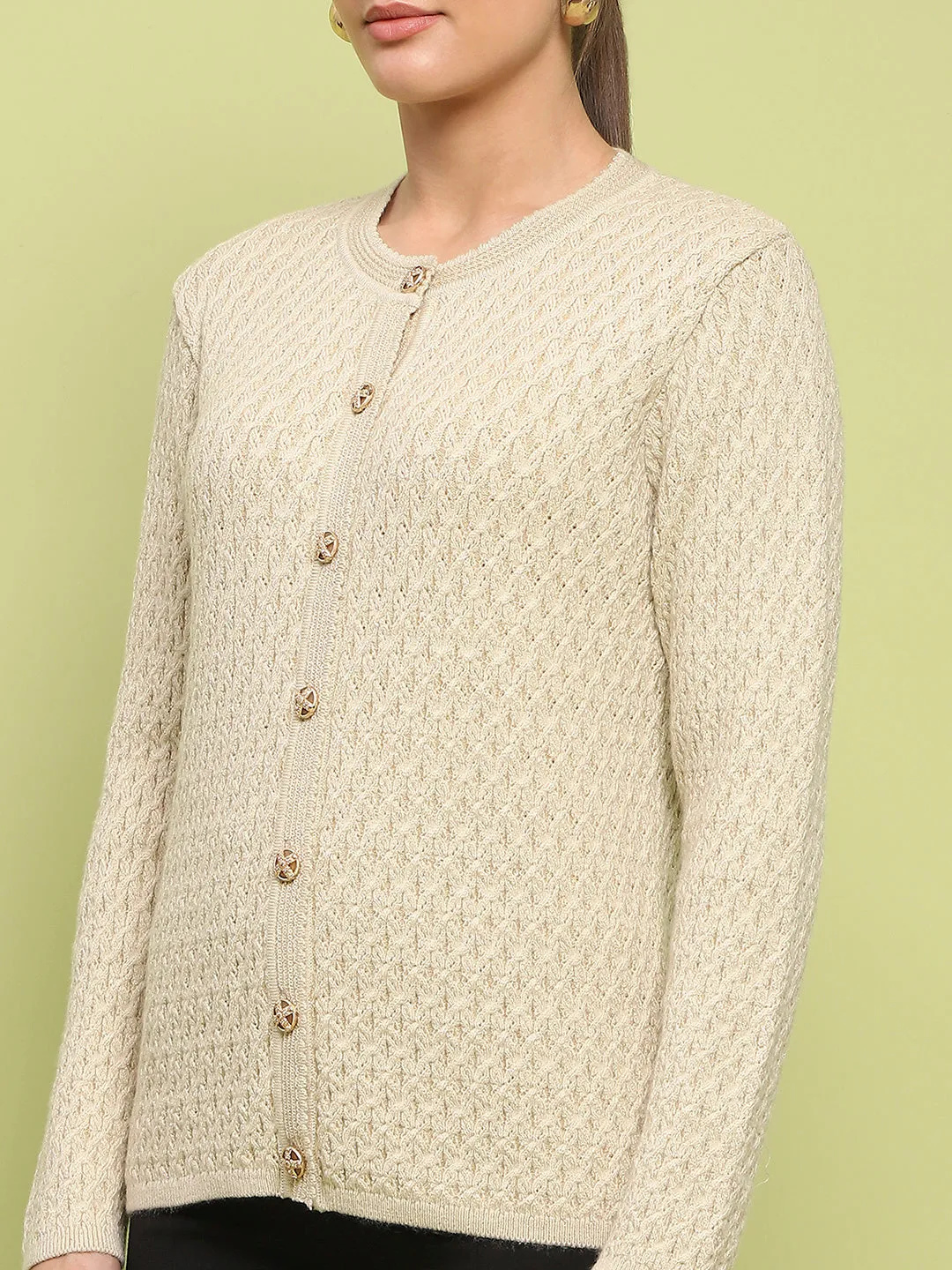 Madame Glossy Buttoned Cable Knit Beige Cardigan