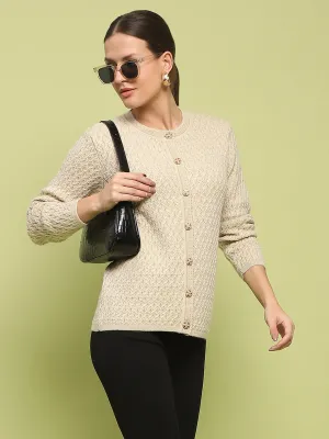 Madame Glossy Buttoned Cable Knit Beige Cardigan