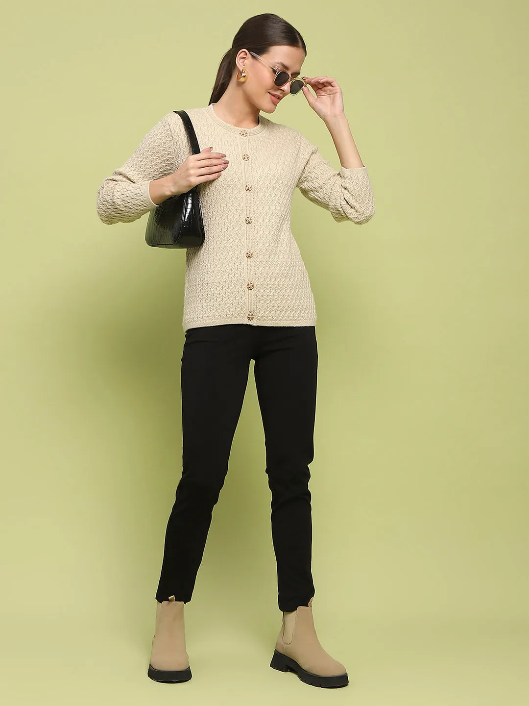 Madame Glossy Buttoned Cable Knit Beige Cardigan