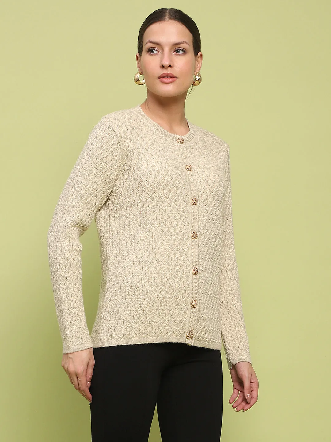 Madame Glossy Buttoned Cable Knit Beige Cardigan