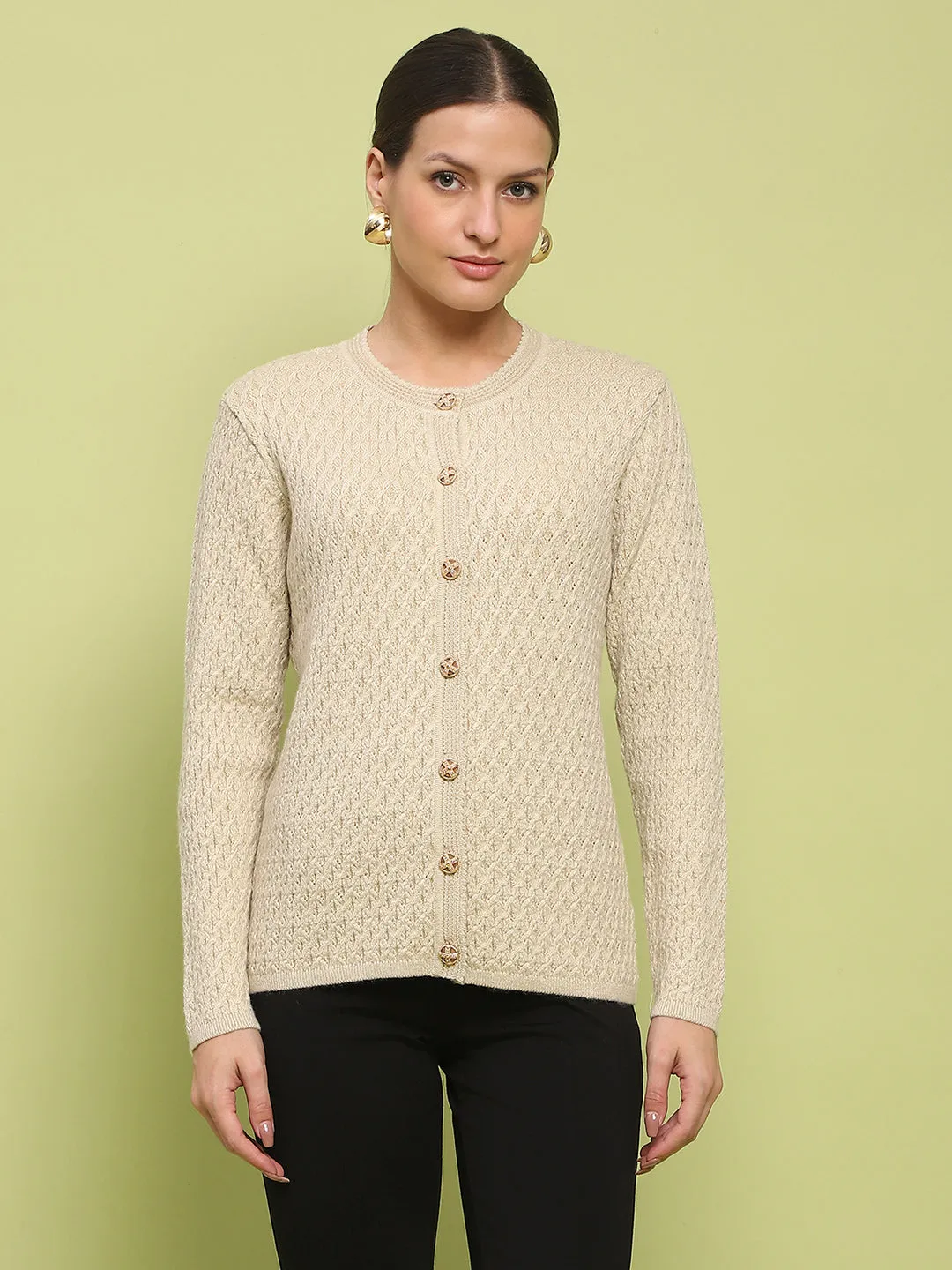 Madame Glossy Buttoned Cable Knit Beige Cardigan