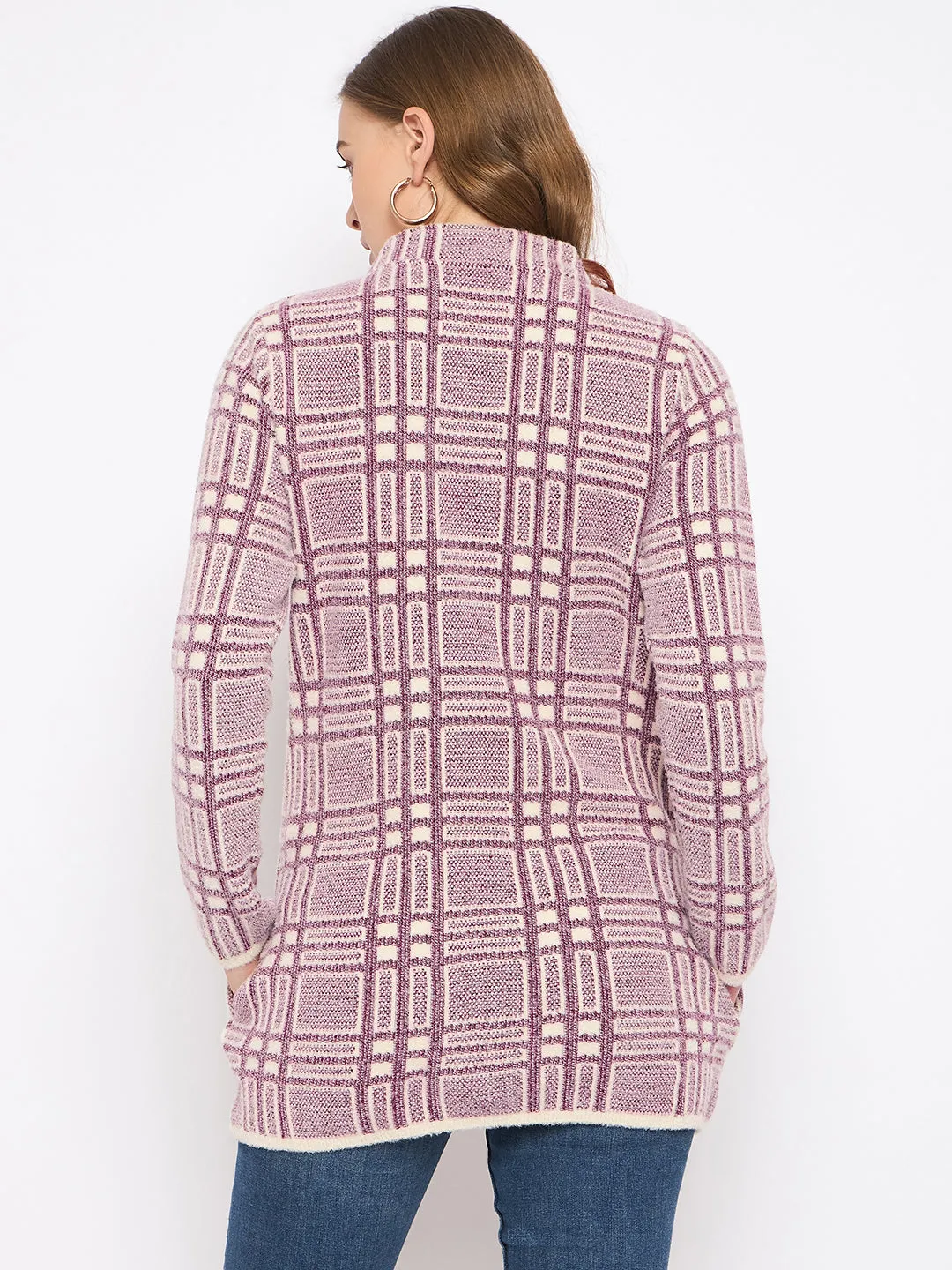 Madame Plaid Pattern Buttoned Wine Red Cardigan