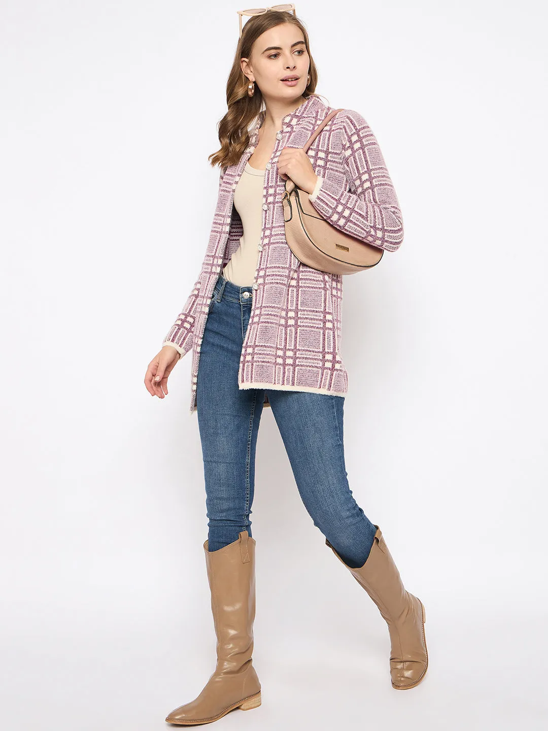 Madame Plaid Pattern Buttoned Wine Red Cardigan