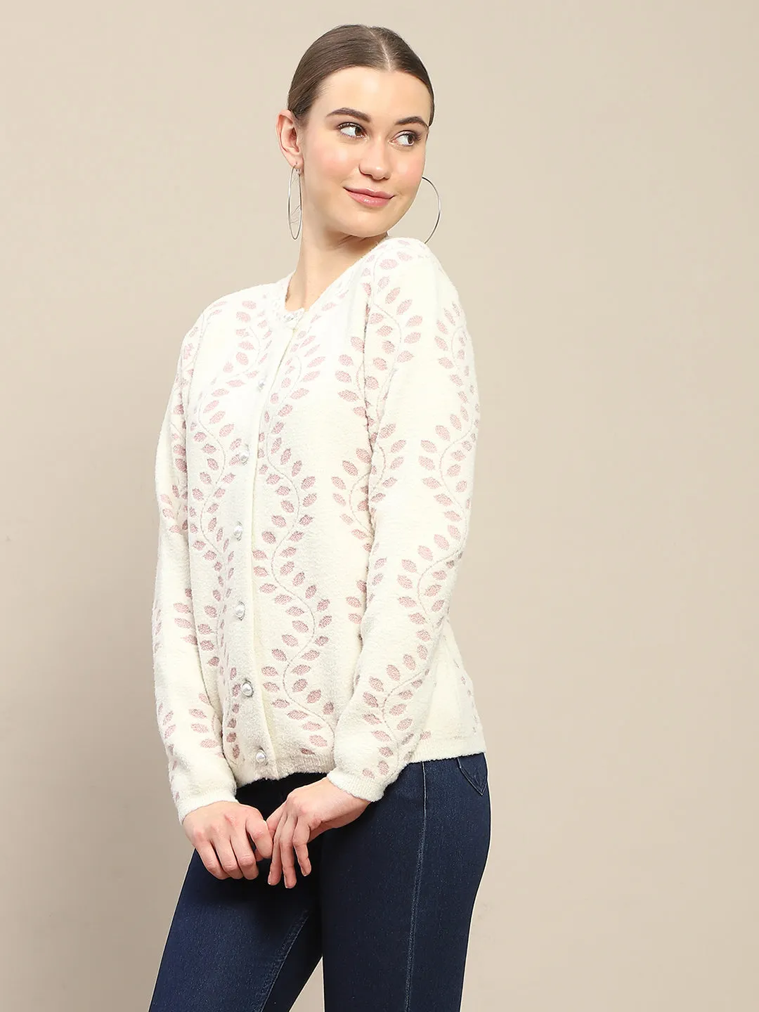 Madame Self Design Pearl Buttoned Off White Cardigan