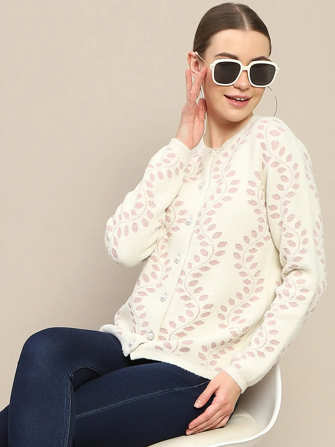 Madame Self Design Pearl Buttoned Off White Cardigan
