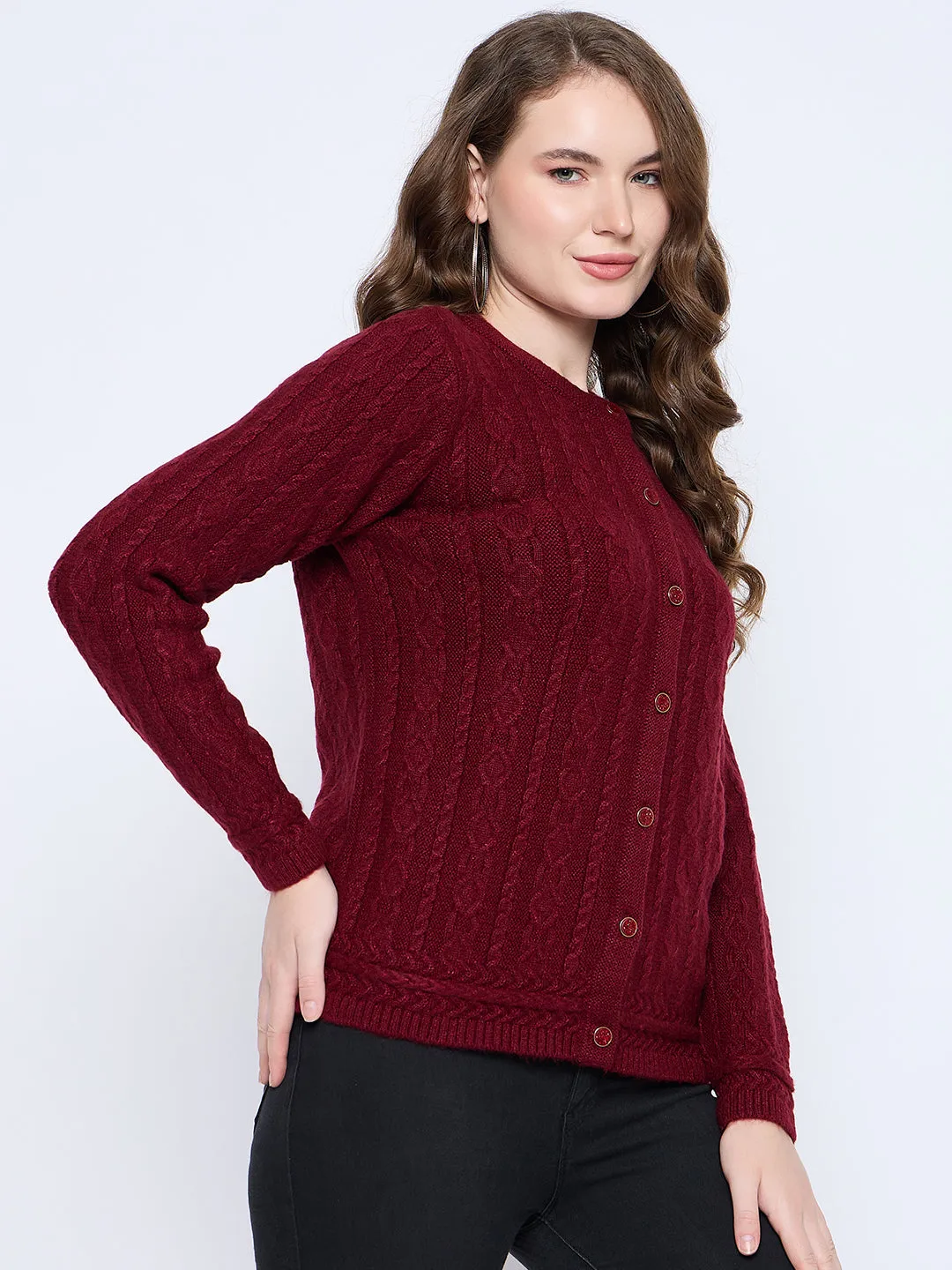 Madame Solid Maroon Cable Knit Cardigan