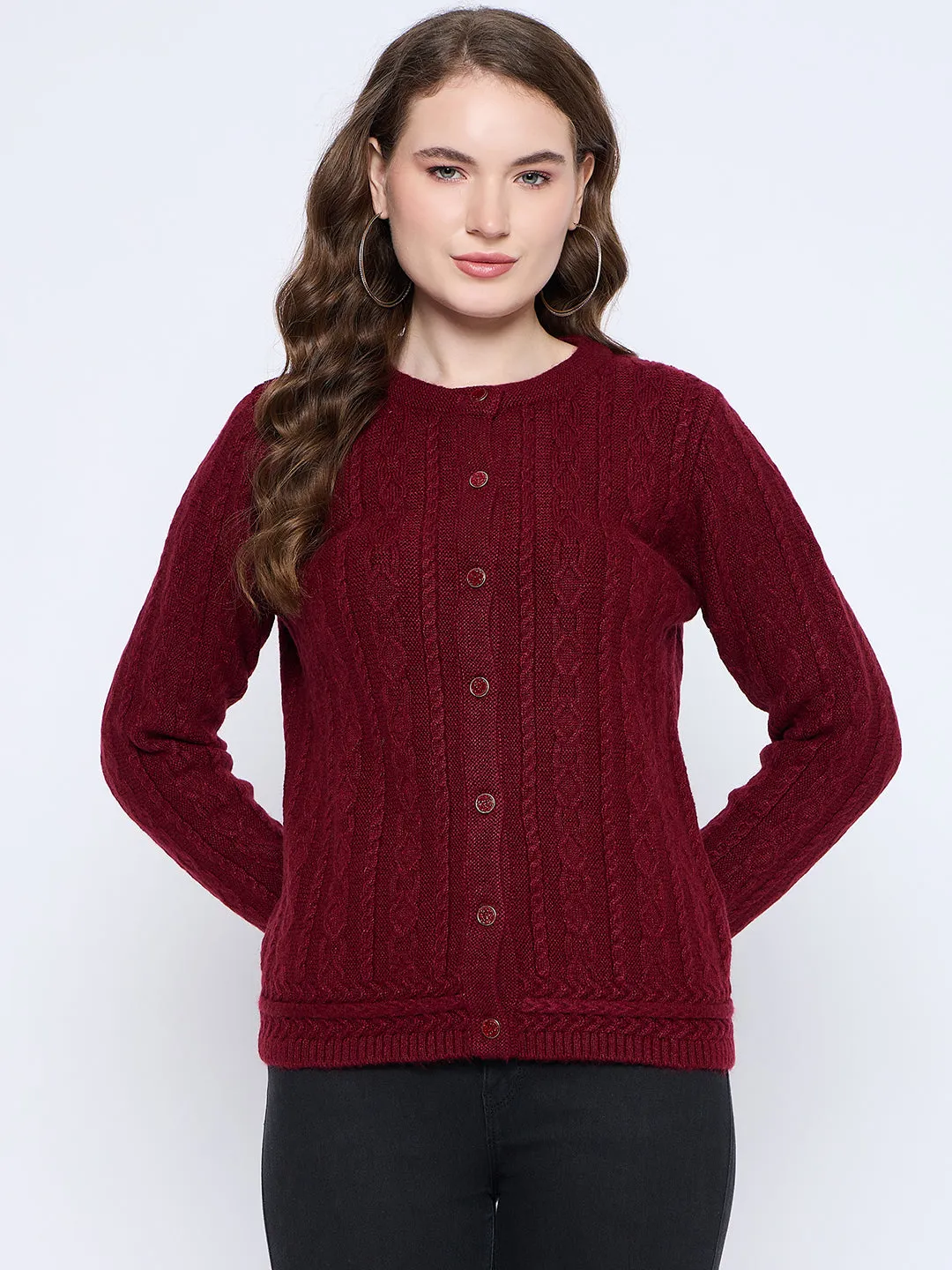 Madame Solid Maroon Cable Knit Cardigan