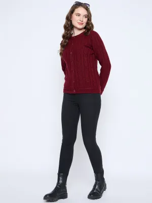 Madame Solid Maroon Cable Knit Cardigan