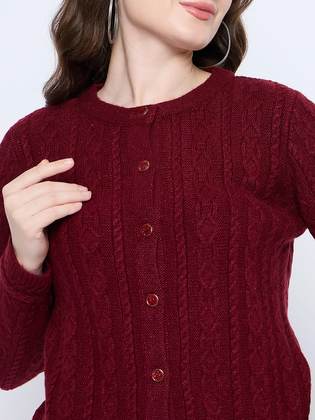 Madame Solid Maroon Cable Knit Cardigan